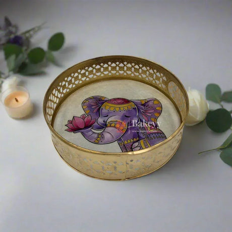 6 inch Elegant Golden Tray with Elephant Design | For Return Gifts | Round Metal Tray Home Decor Items |Decorative Tray - Bakeyy.com - India - 6 inch Elegant Golden Tray with Elephant Design | For Return Gifts | Round Metal Tray Home Decor Items |Decorative Tray - Pack of 1