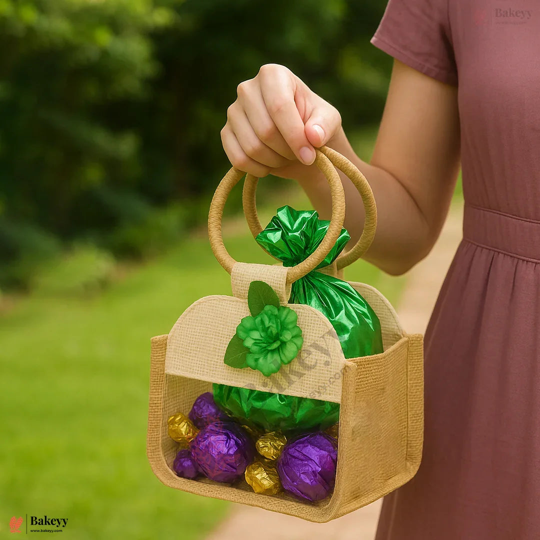 21x21x27 CM | Beige & Cream 4 Jar Jute Gift Bag with Transparent Window & Floral Accent – Eco-Friendly Gifting Hamper Bag Pack Of 1