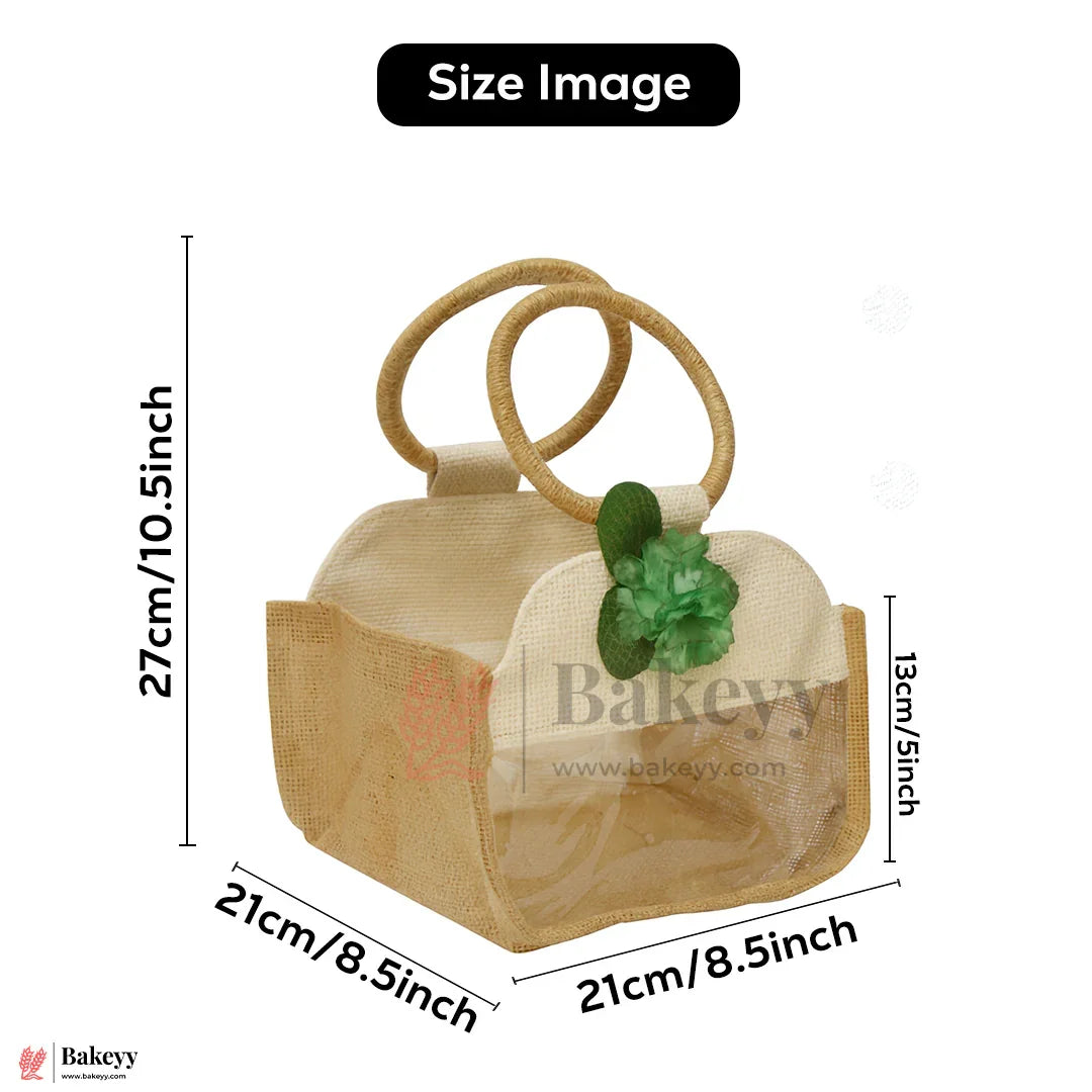 21x21x27 CM | Beige & Cream 4 Jar Jute Gift Bag with Transparent Window & Floral Accent – Eco-Friendly Gifting Hamper Bag Pack Of 1