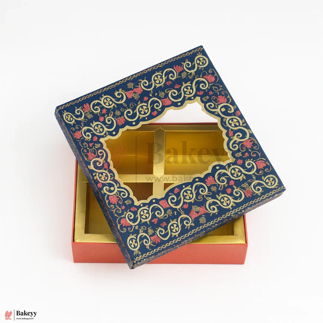 4 Cavity | Rigid Dry Fruit Box | Elegant Festive Hamper Box with Window Lid | Elegant Floral Design | Pack Of 1