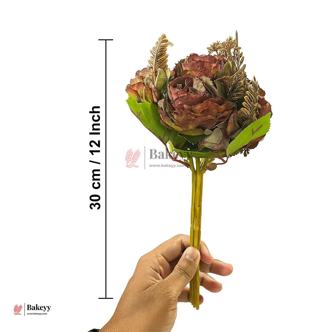 Artificial Flower 30cm | Rustic Maroon Artificial Rose Bunch Stem– 4 Stem Mini Bouquet