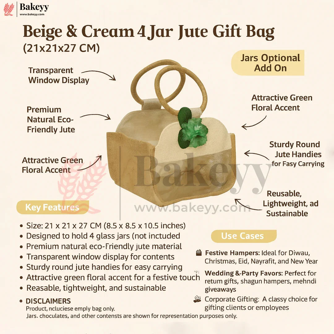 21x21x27 CM | Beige & Cream 4 Jar Jute Gift Bag with Transparent Window & Floral Accent – Eco-Friendly Gifting Hamper Bag Pack Of 1