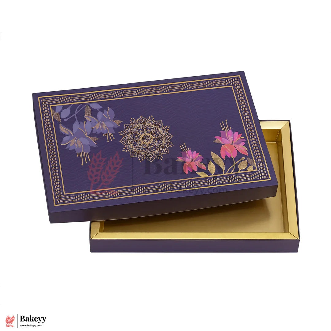 One Kg Sweet Box | 10.5x7.5x1.5 Inch | Royal Blue Floral Sweet Box with Golden Tray 1 Piece - Bakeyy.com - India - One Kg Sweet Box | 10.5x7.5x1.5 Inch | Royal Blue Floral Sweet Box with Golden Tray 1 Piece - Default Title