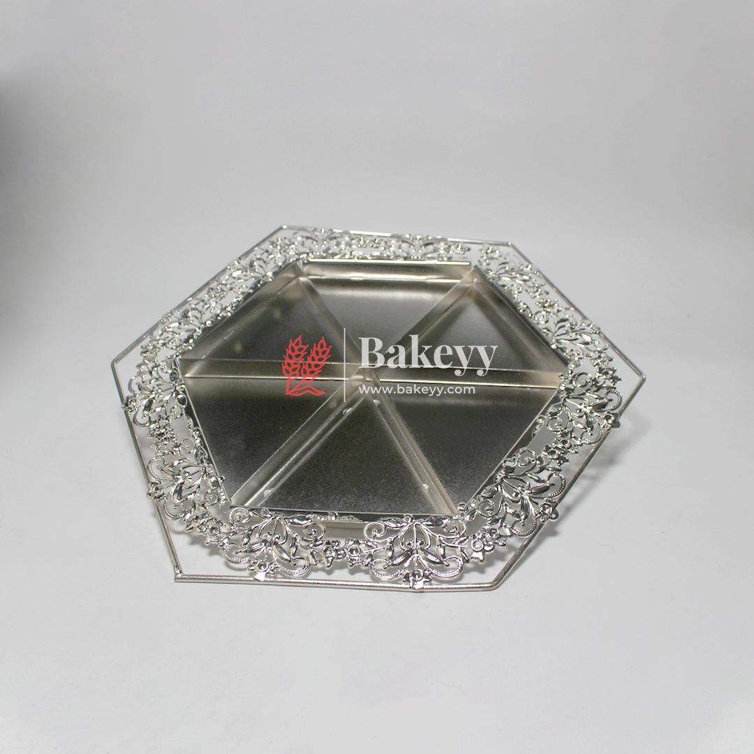 10 inch| Luxurious Hexagonal Metal Serving Tray with Elegant Floral Design | Luxurious Silver-Plated Metal Dry Fruit Tray - Bakeyy.com - India - 10 inch| Luxurious Hexagonal Metal Serving Tray with Elegant Floral Design | Luxurious Silver-Plated Metal Dry Fruit Tray - Default Title