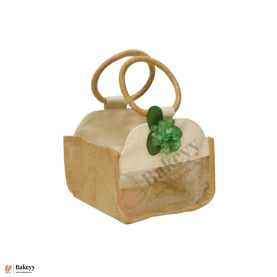 21x21x27 CM | Beige & Cream 4 Jar Jute Gift Bag with Transparent Window & Floral Accent – Eco-Friendly Gifting Hamper Bag Pack Of 1