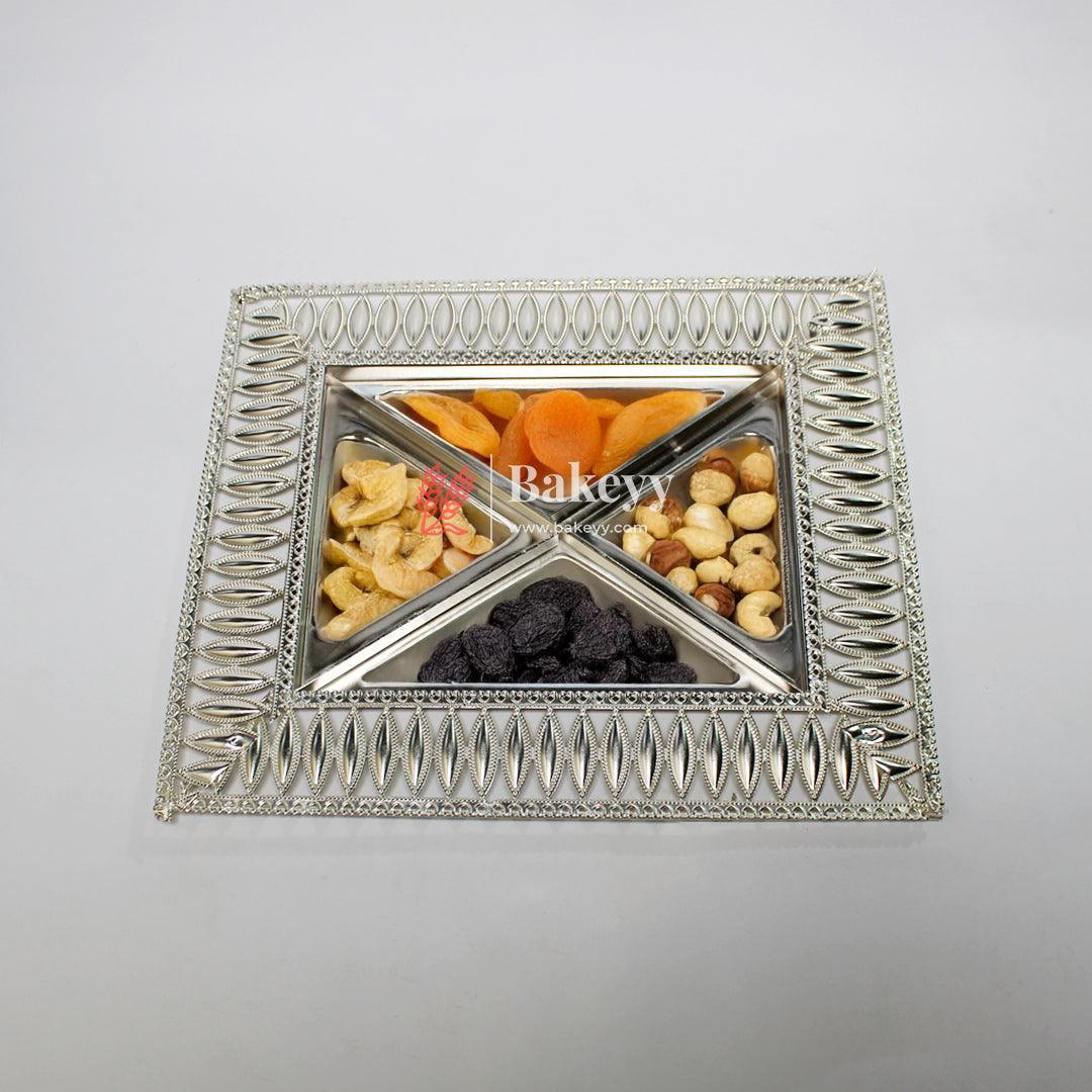 12x10 inch |Elegant Rectangular Metal Serving Tray with Decorative Border | Luxurious Silver-Plated Metal Dry Fruit Tray - Bakeyy.com - India - 12x10 inch |Elegant Rectangular Metal Serving Tray with Decorative Border | Luxurious Silver-Plated Metal Dry Fruit Tray - Default Title