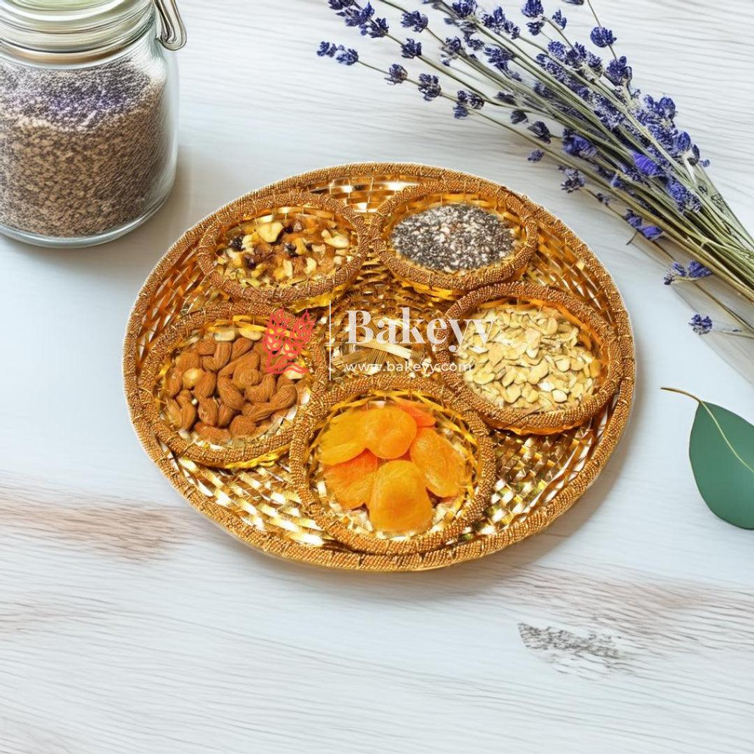 Luxurious Gold-Plated Round Metal Dry Fruit Tray with 4 Decorative Bowls - Bakeyy.com - India - Luxurious Gold-Plated Round Metal Dry Fruit Tray with 4 Decorative Bowls - Default Title