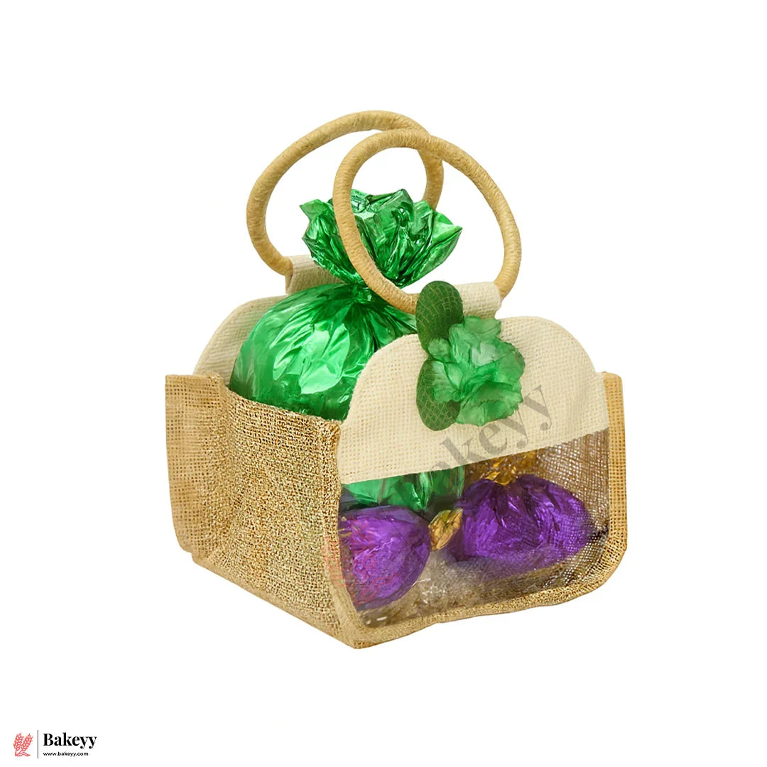 21x21x27 CM | Beige & Cream 4 Jar Jute Gift Bag with Transparent Window & Floral Accent – Eco-Friendly Gifting Hamper Bag Pack Of 1