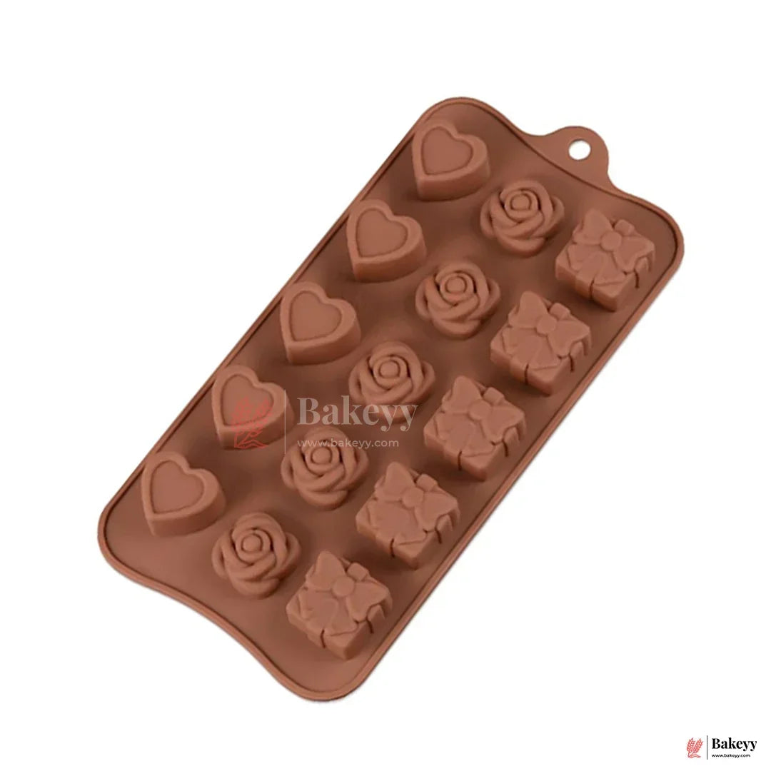 Silicone Heart, Rose & Gift Shape Chocolate Mould – 15 Cavity Romantic Design Tray| 1 Piece - Bakeyy.com - India - Silicone Heart, Rose & Gift Shape Chocolate Mould – 15 Cavity Romantic Design Tray| 1 Piece - Default Title