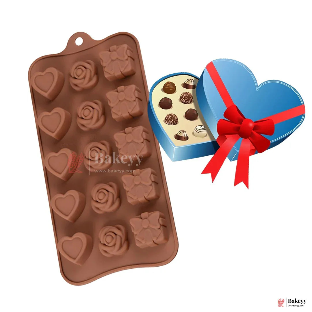 Silicone Heart, Rose & Gift Shape Chocolate Mould – 15 Cavity Romantic Design Tray| 1 Piece