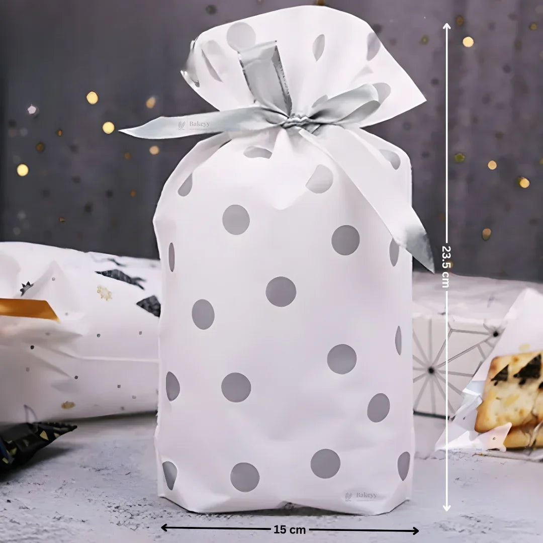 Silver Dots Plastic Stand Up Treat Favor Bags Gift Wrapper Bags for Candy Cookie Chocolate | Pack of 50 - Bakeyy.com - India - Silver Dots Plastic Stand Up Treat Favor Bags Gift Wrapper Bags for Candy Cookie Chocolate | Pack of 50 - Large 449.00