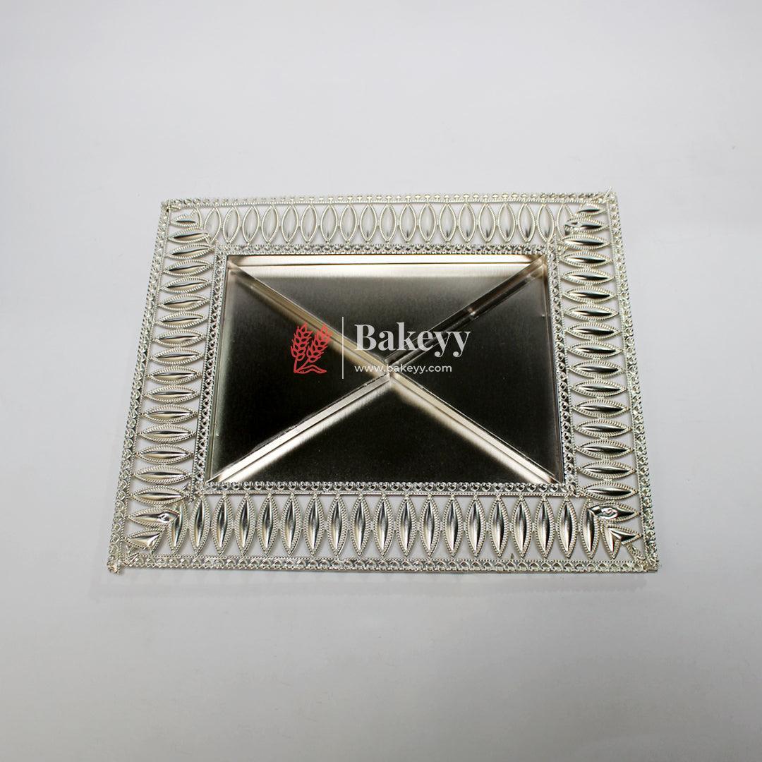 12x10 inch |Elegant Rectangular Metal Serving Tray with Decorative Border | Luxurious Silver-Plated Metal Dry Fruit Tray - Bakeyy.com - India - 12x10 inch |Elegant Rectangular Metal Serving Tray with Decorative Border | Luxurious Silver-Plated Metal Dry Fruit Tray - Default Title