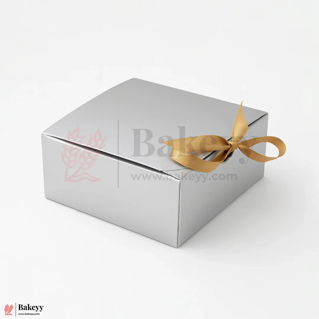4.5x4.5x2 inch Premium Silver Square Gift Box with Golden Ribbon| Pack of 10
