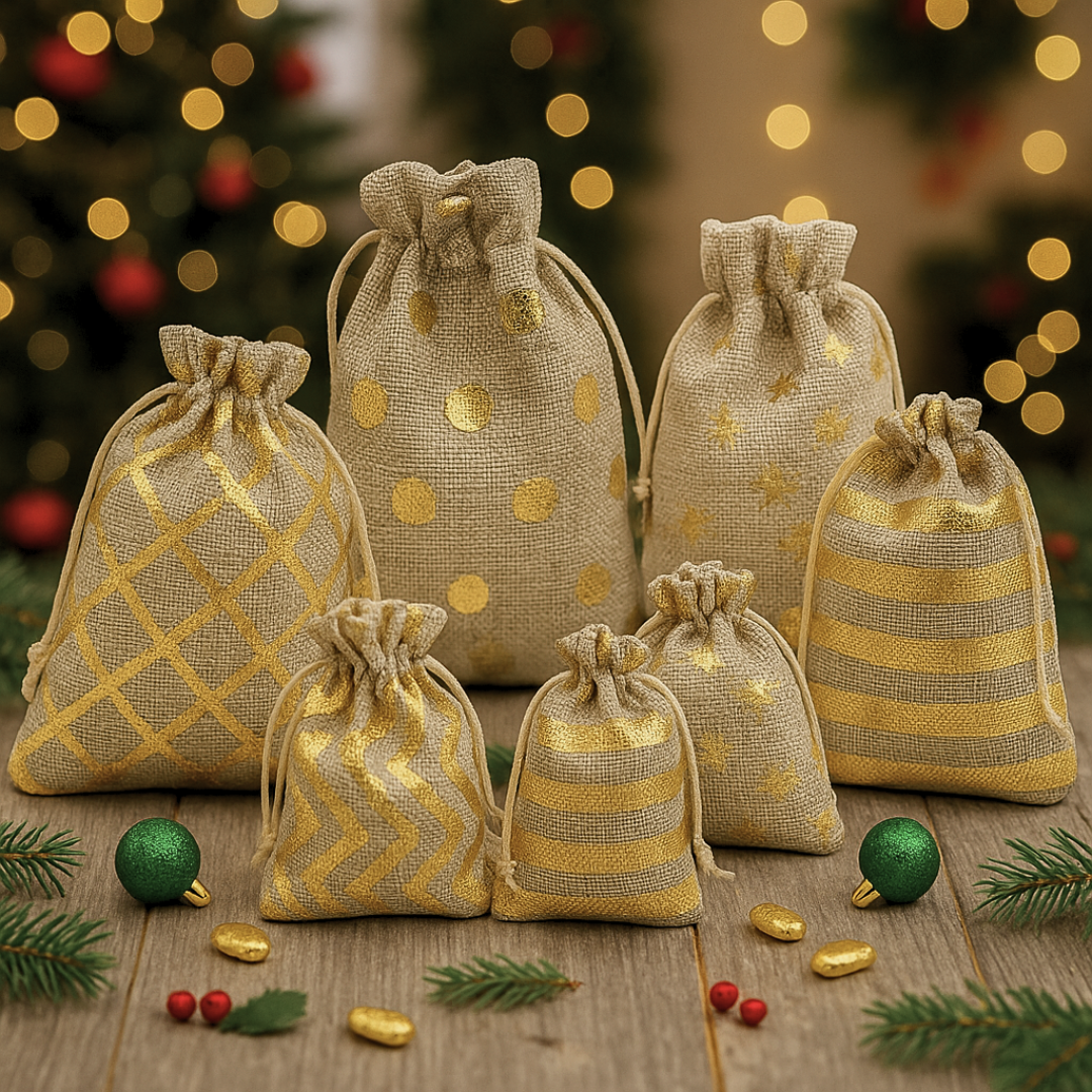 Golden Foil Printed Jute Bags | Available in 3 Sizes | Assorted Print Designs | Pack of 10