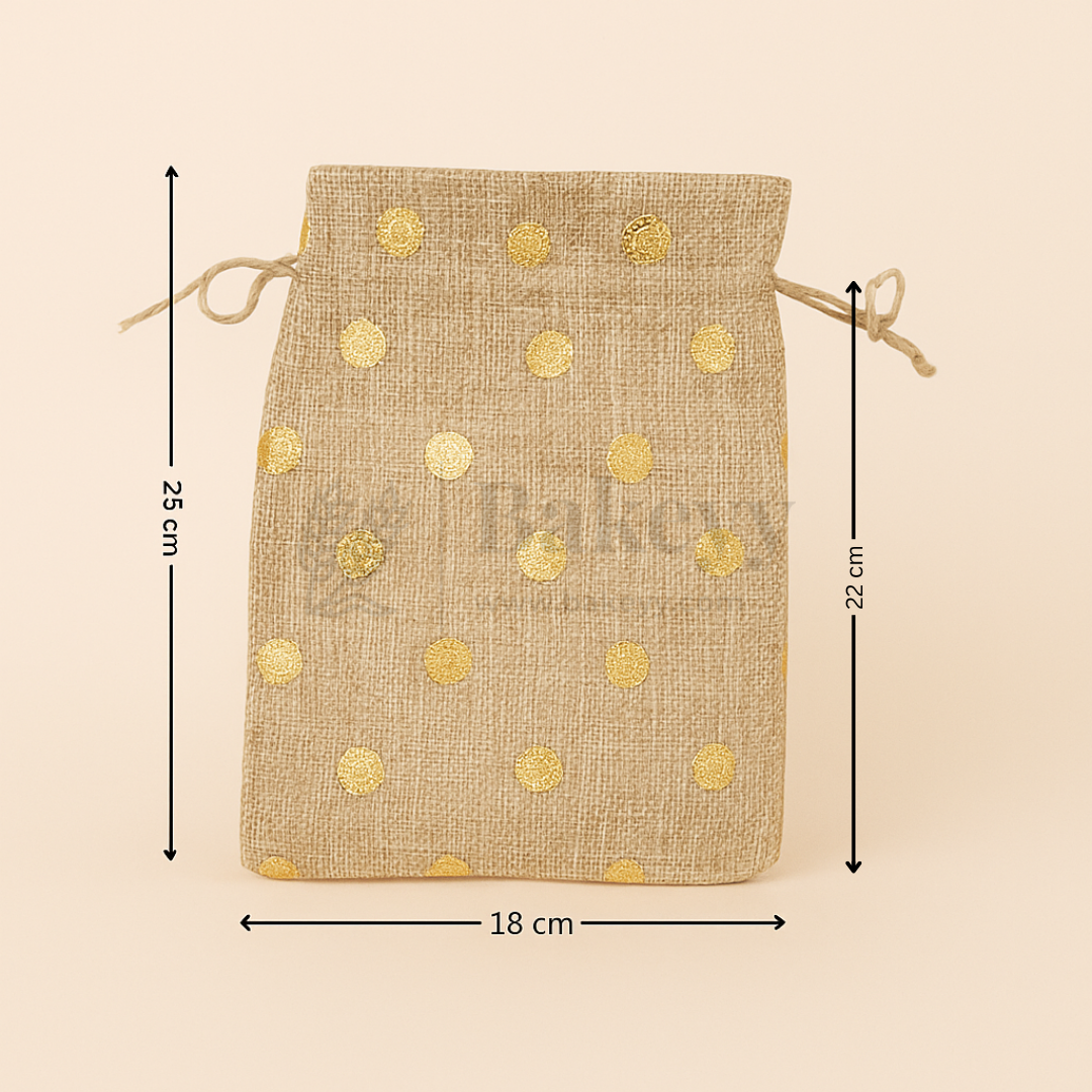 Golden Foil Printed Jute Bags | Available in 3 Sizes | Assorted Print Designs | Pack of 10