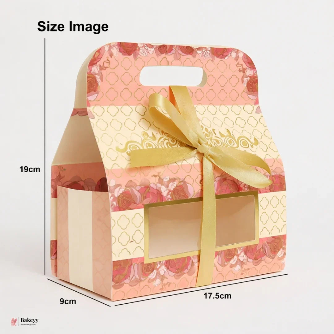 Premium Floral Window Goodie Gift Box with Handle & Ribbon (17.5 x 9 x 19 cm) | Hamper / Dry Fruits / Chocolates Packaging