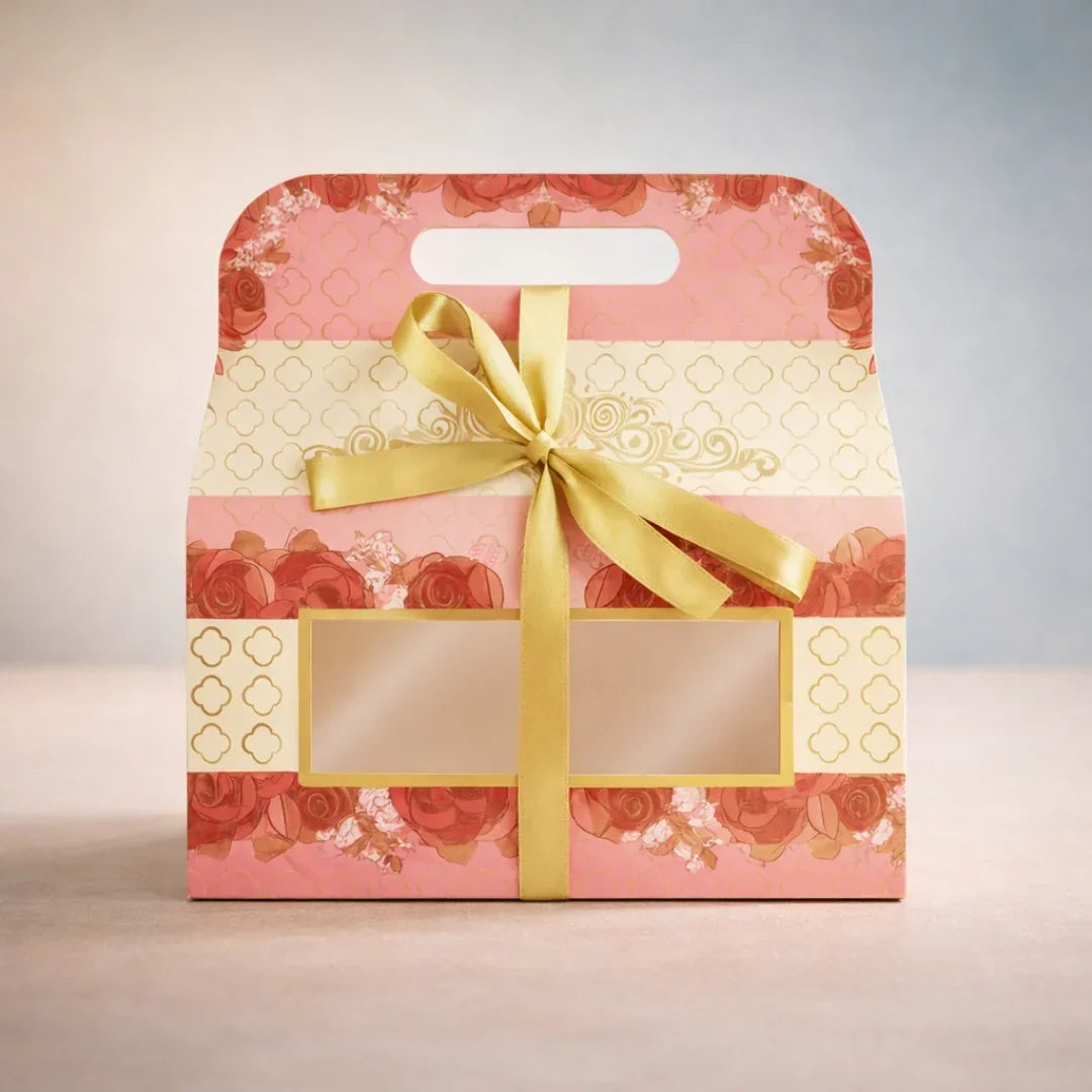 Premium Floral Window Goodie Gift Box with Handle & Ribbon (17.5 x 9 x 19 cm) | Hamper / Dry Fruits / Chocolates Packaging