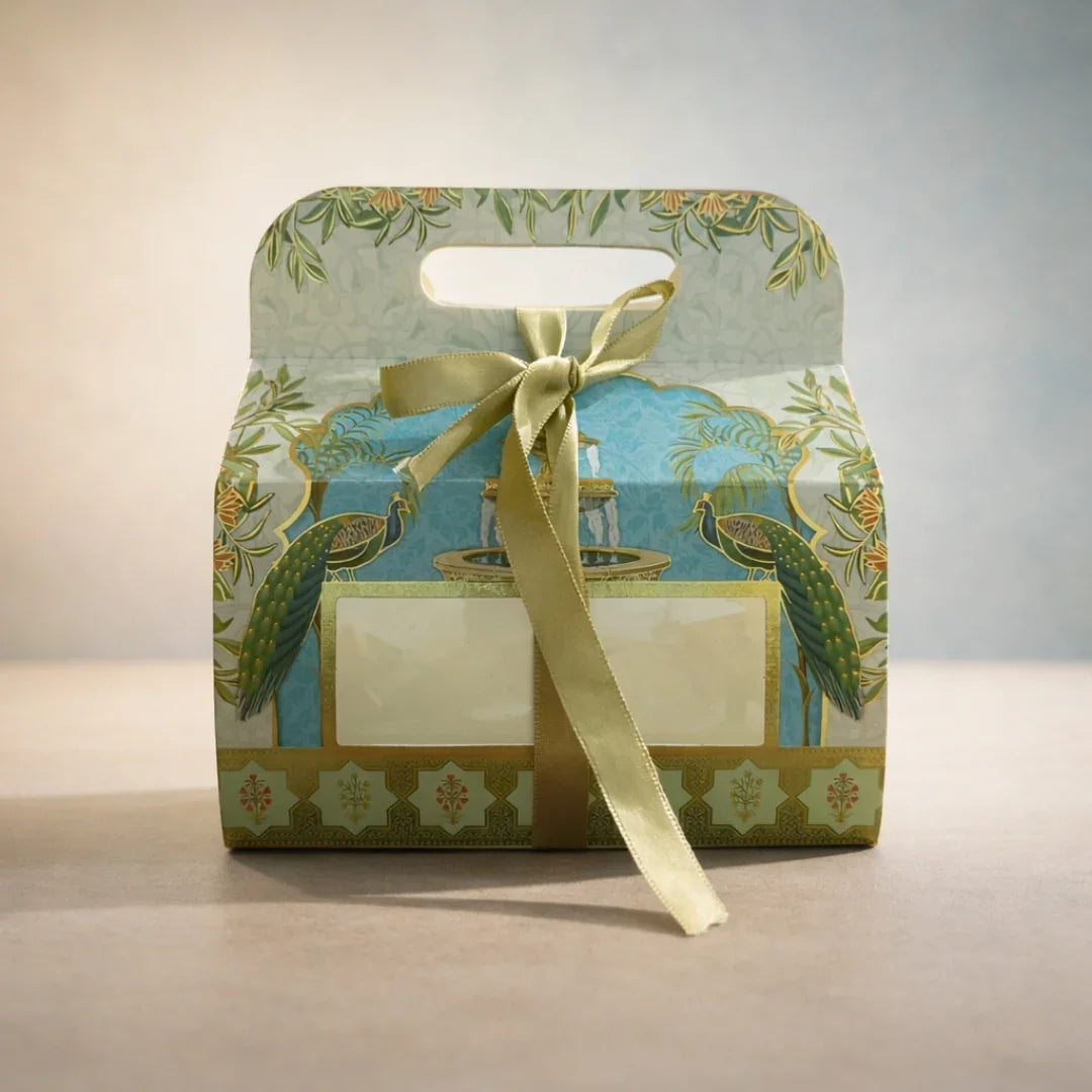 Premium Floral Window Goodie Gift Box with Handle & Ribbon (17.5 x 9 x 19 cm) | Hamper / Dry Fruits / Chocolates Packaging