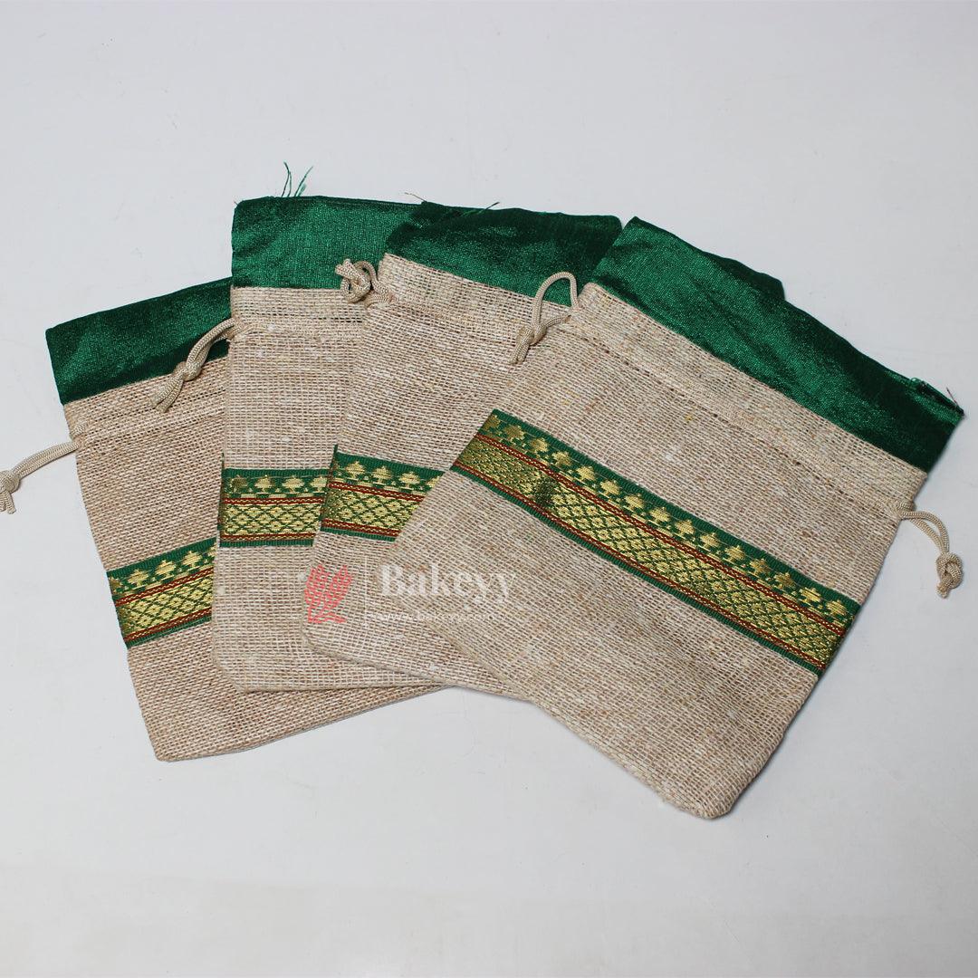 13x14 CM \ 5x6 inch| Elegant Jute  Green Drawstring Gift Bag | Drawstring Bags | Pack of 10