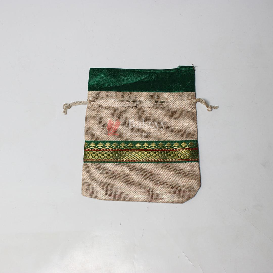 13x14 CM \ 5x6 inch| Elegant Jute  Green Drawstring Gift Bag | Drawstring Bags | Pack of 10