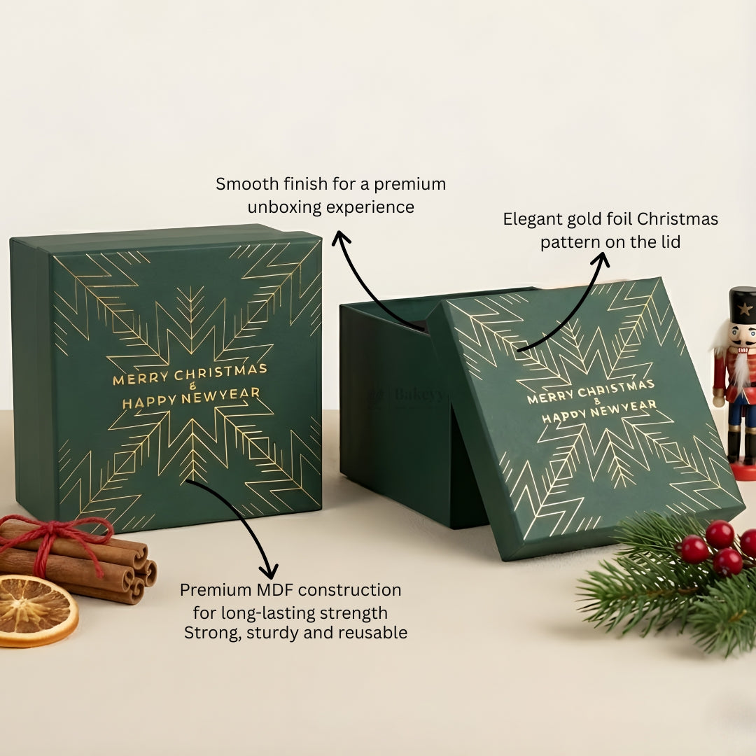 Christmas MDF Green Cardboard Premium Hamper Box | Luxury Golden Print | Luxury MDF Gift Hamper Box | Pack of 1
