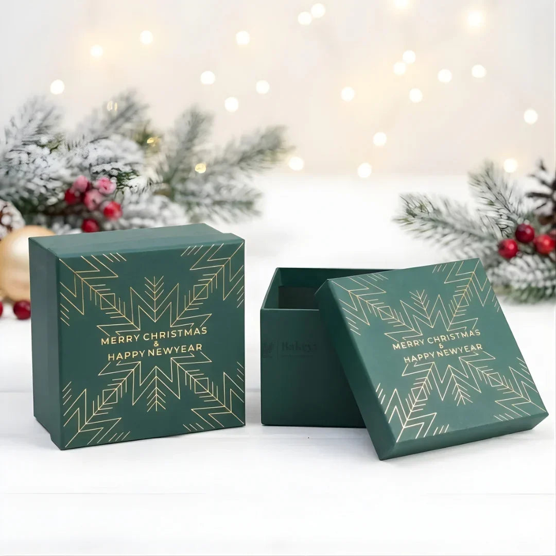 Christmas Green Cardboard Premium Hamper Box | Luxury Golden Print | Luxury Gift Hamper Box | Pack of 1 - Bakeyy.com - India - Christmas Green Cardboard Premium Hamper Box | Luxury Golden Print | Luxury Gift Hamper Box | Pack of 1 - 6x6x4 Inch 130.00