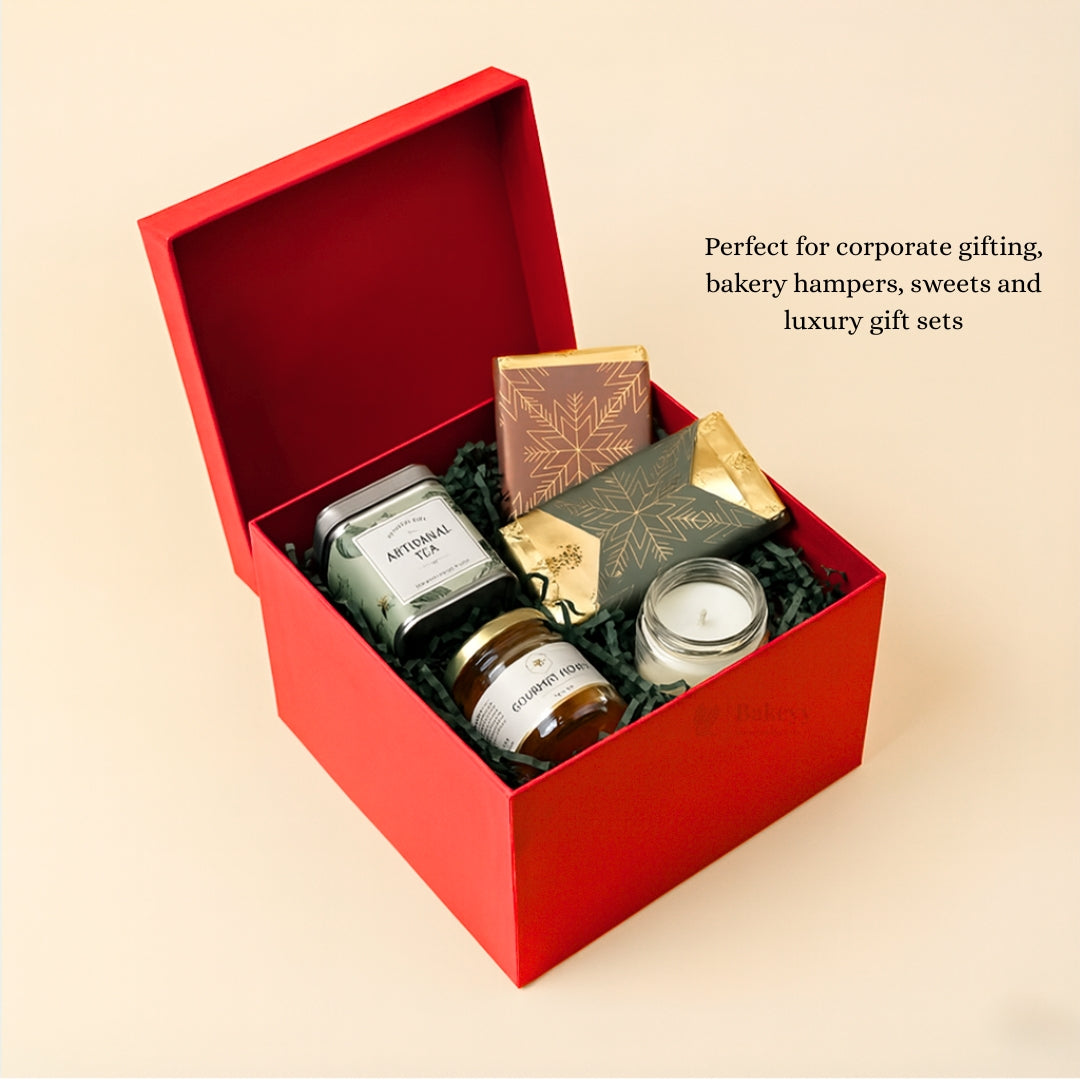 Christmas Red Cardboard Premium Hamper Box | Luxury Golden Print | Luxury Gift Hamper Box | Pack of 1