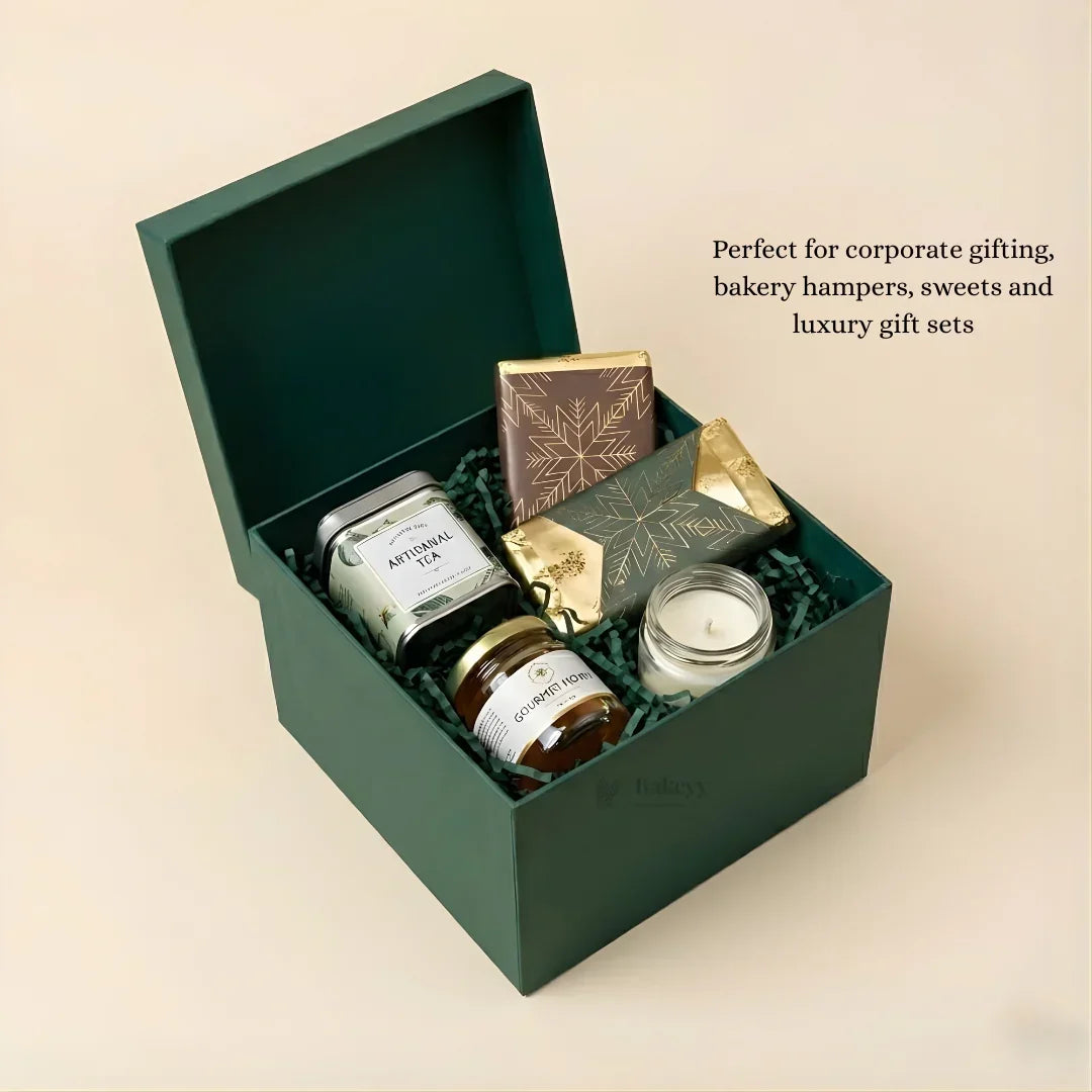 Christmas Green Cardboard Premium Hamper Box | Luxury Golden Print | Luxury Gift Hamper Box | Pack of 1 - Bakeyy.com - India - Christmas Green Cardboard Premium Hamper Box | Luxury Golden Print | Luxury Gift Hamper Box | Pack of 1 - 6x6x4 Inch 130.00