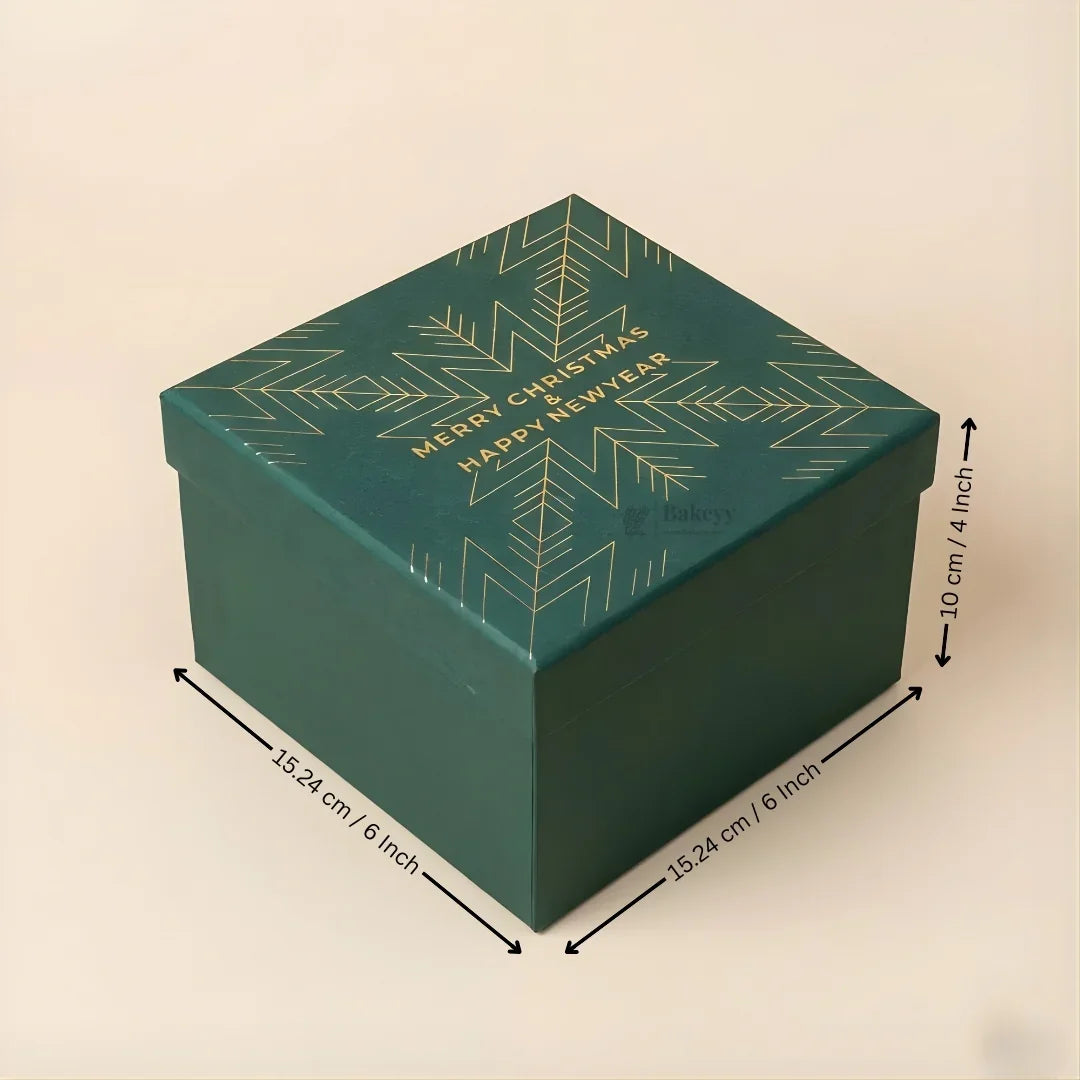 Christmas Green Cardboard Premium Hamper Box | Luxury Golden Print | Luxury Gift Hamper Box | Pack of 1 - Bakeyy.com - India - Christmas Green Cardboard Premium Hamper Box | Luxury Golden Print | Luxury Gift Hamper Box | Pack of 1 - 6x6x4 Inch 130.00
