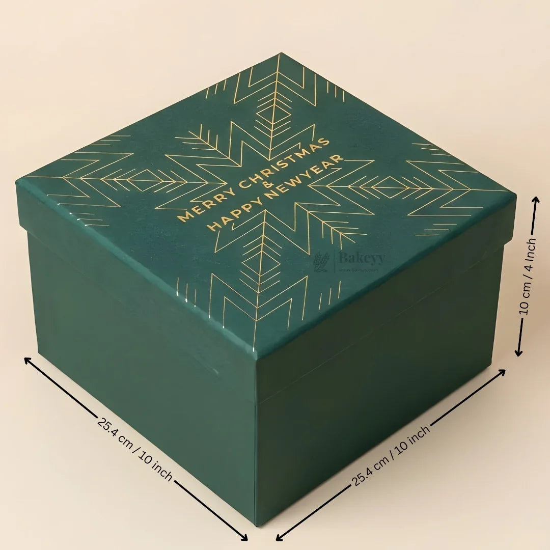 Christmas Green Cardboard Premium Hamper Box | Luxury Golden Print | Luxury Gift Hamper Box | Pack of 1 - Bakeyy.com - India - Christmas Green Cardboard Premium Hamper Box | Luxury Golden Print | Luxury Gift Hamper Box | Pack of 1 - 10x10x4 Inch 200.00