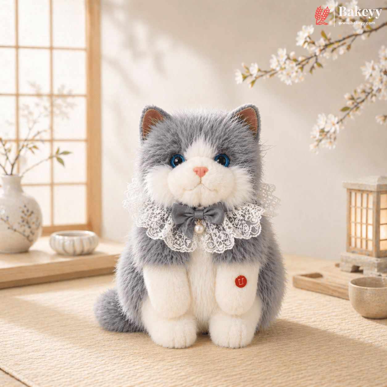 Plush cat toy with lace collar in a decorative room settingCute Plush Cat Backpack | Meow Sound Interactive | Wearable Storage Soft Backpack Toy | Pack of 1