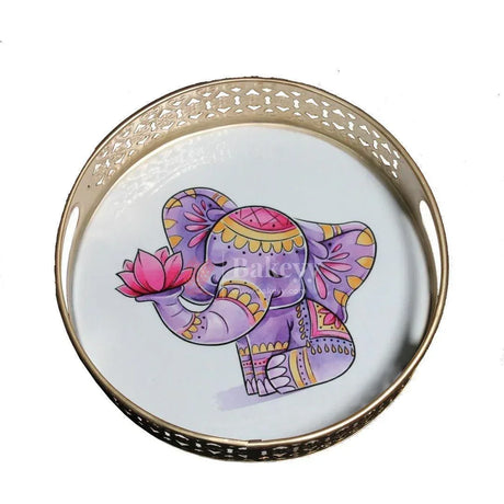 6 inch Elegant Golden Tray with Elephant Design | For Return Gifts | Round Metal Tray Home Decor Items |Decorative Tray - Bakeyy.com - India - 6 inch Elegant Golden Tray with Elephant Design | For Return Gifts | Round Metal Tray Home Decor Items |Decorative Tray - Pack of 1