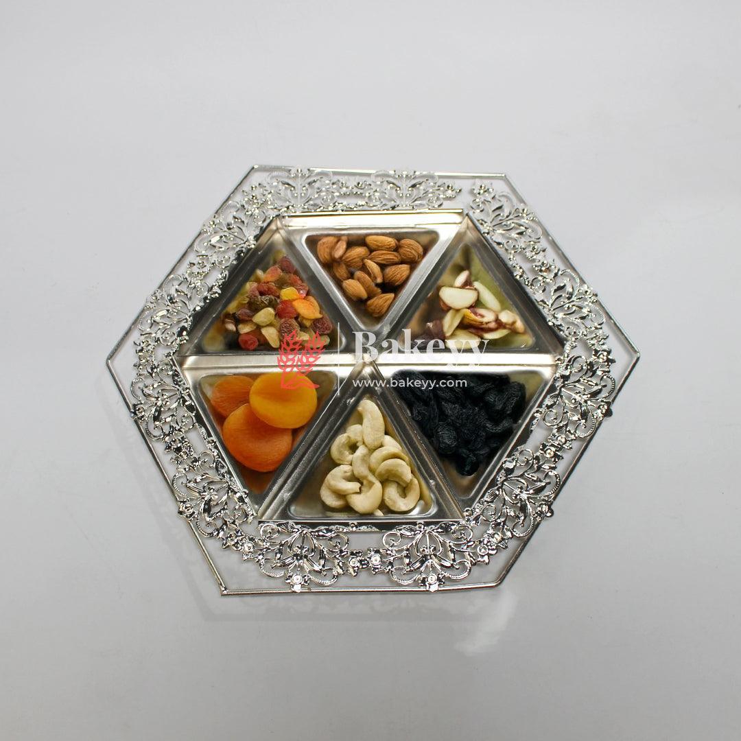 10 inch| Luxurious Hexagonal Metal Serving Tray with Elegant Floral Design | Luxurious Silver-Plated Metal Dry Fruit Tray - Bakeyy.com - India - 10 inch| Luxurious Hexagonal Metal Serving Tray with Elegant Floral Design | Luxurious Silver-Plated Metal Dry Fruit Tray - Default Title