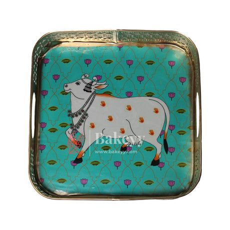 8 inch|Pichwai Tray for Return Gifts |Square Metal Tray Home Decor Items | Decorative Tray for Diwali | (Multicolour) - Bakeyy.com - India - 8 inch|Pichwai Tray for Return Gifts |Square Metal Tray Home Decor Items | Decorative Tray for Diwali | (Multicolour) - Design 1 / Pack Of 1