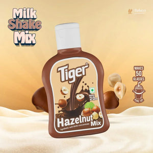 Tiger Hazelnut Milk Shake Mix bottle with packaging details on a beige background