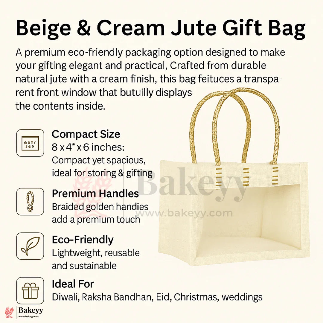 21x10x16 CM | Cream 2 Jar Ethnic Jute Gift Bag with Front Window & Golden Handle – 1 Piece