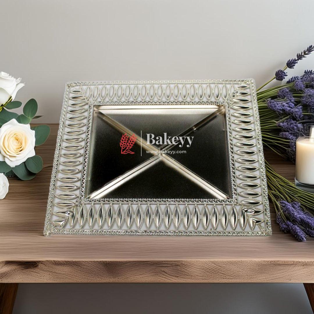 12x10 inch |Elegant Rectangular Metal Serving Tray with Decorative Border | Luxurious Silver-Plated Metal Dry Fruit Tray - Bakeyy.com - India - 12x10 inch |Elegant Rectangular Metal Serving Tray with Decorative Border | Luxurious Silver-Plated Metal Dry Fruit Tray - Default Title