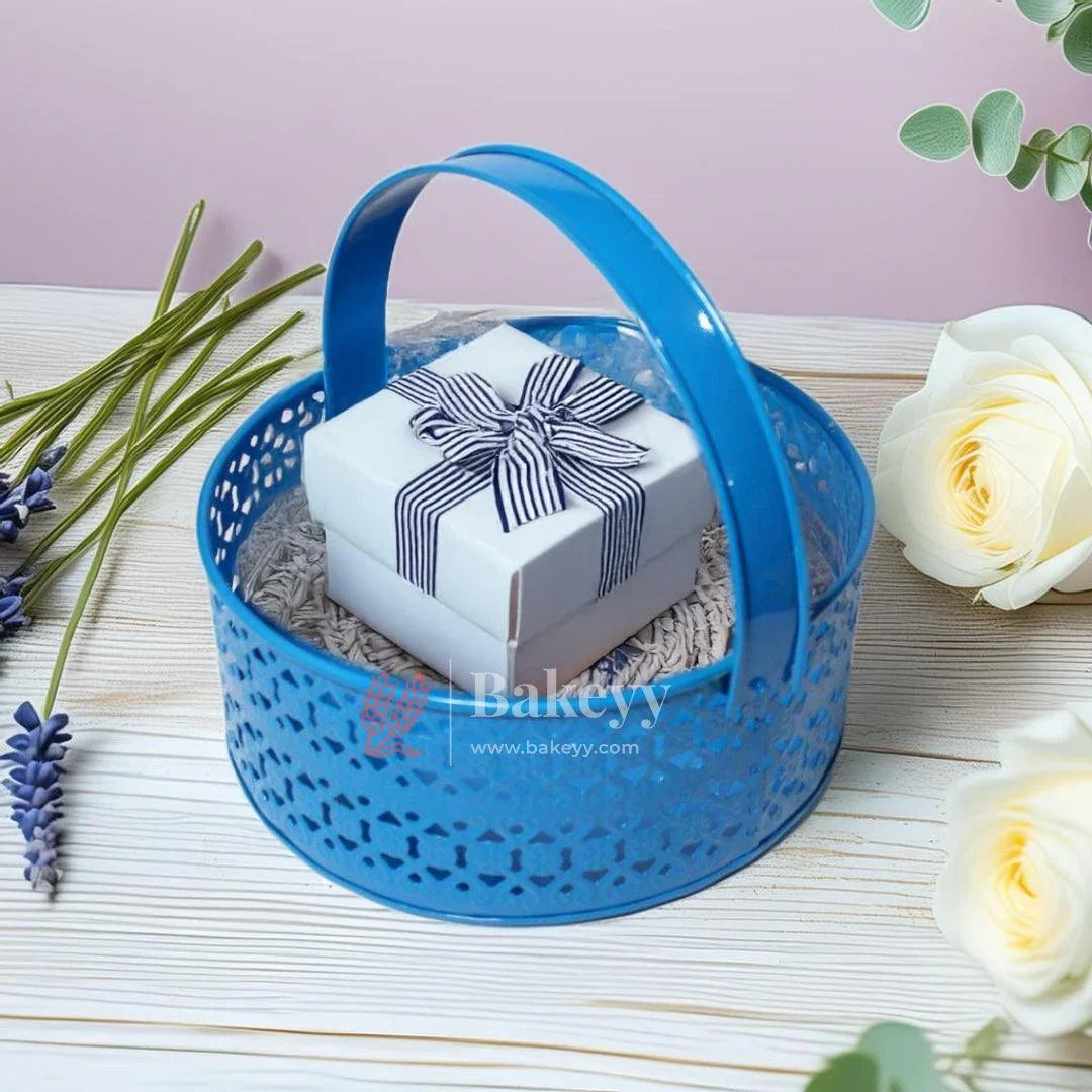 Hamper Basket For Gifting Round | Elegant & Durable Blue Metal Hamper Basket with Handle | Blue Colour - Bakeyy.com - India - Hamper Basket For Gifting Round | Elegant & Durable Blue Metal Hamper Basket with Handle | Blue Colour - Default Title