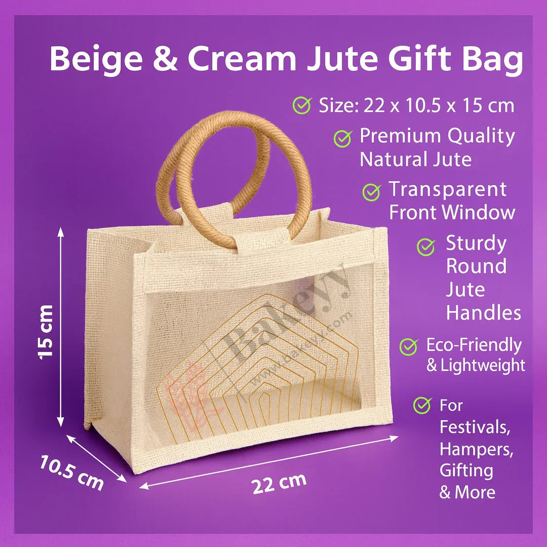 22x10.5x15 cm Beige & Cream Jute Gift Bag with Transparent Window & Round Handles Pack Of 1