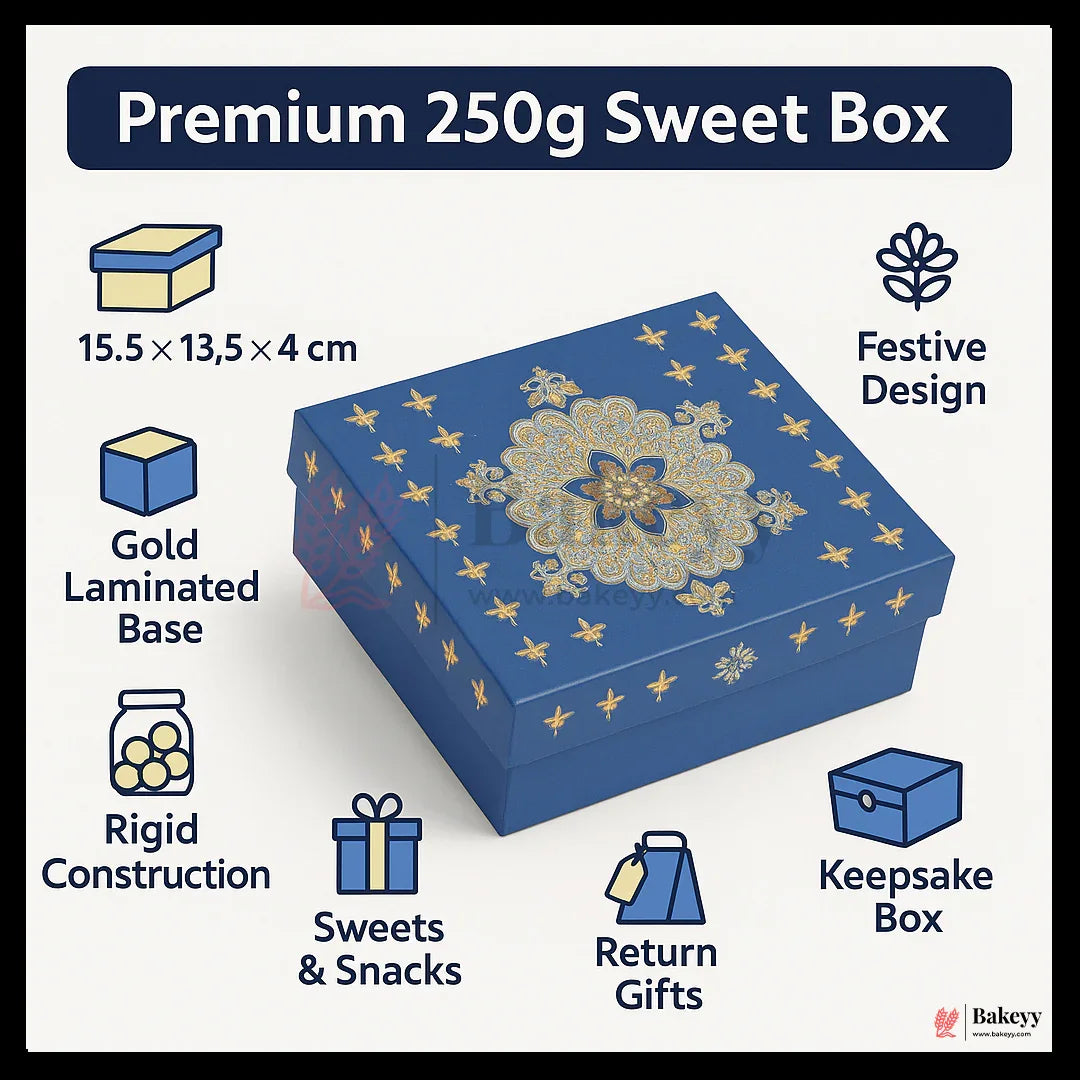 One Kg Sweet Box | 10.5x7.5x1.5 Inch | Premium Blue Festive Sweet Box with Golden Base | Rigid Sweet Box with Golden Interior | 1 Piece