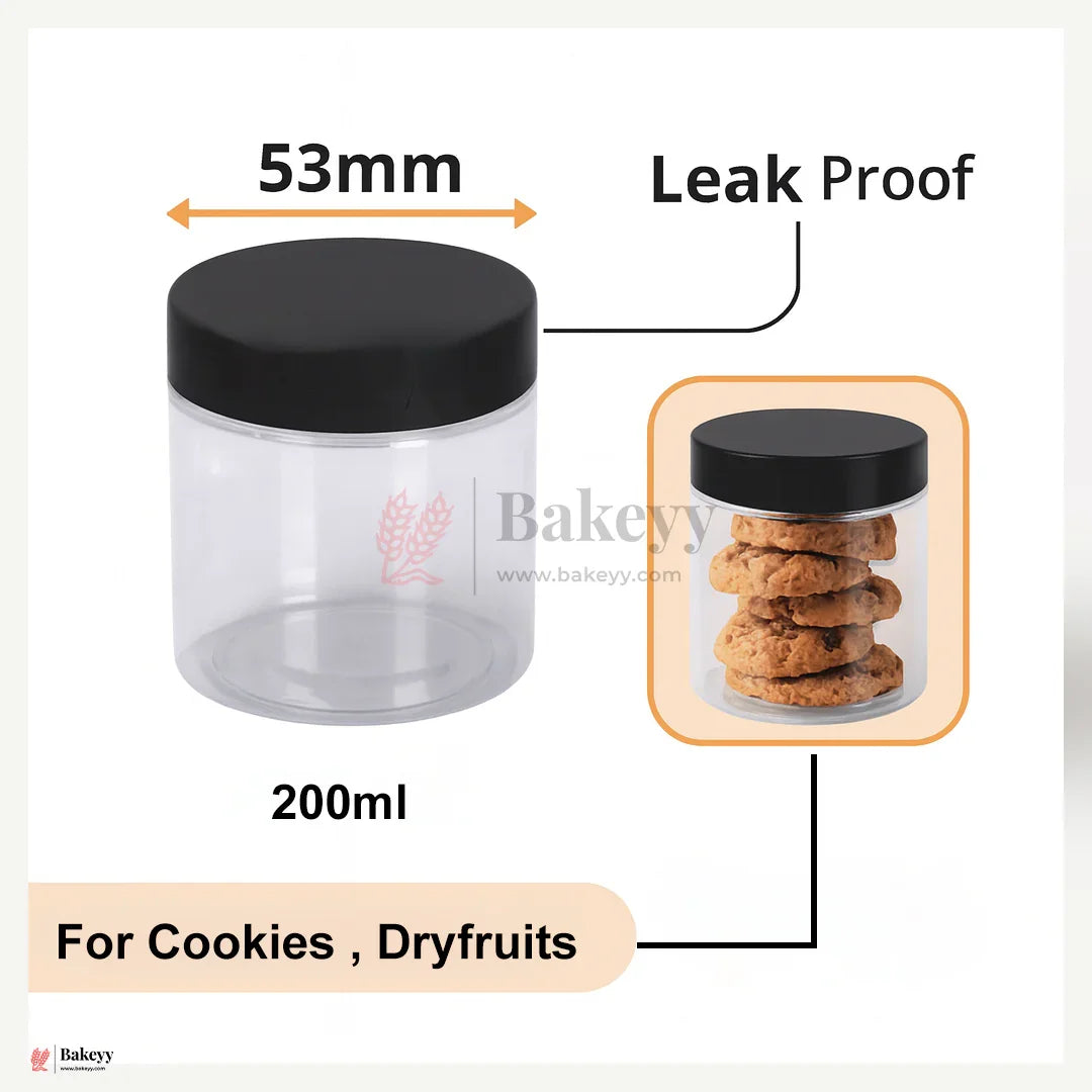 53mm Lid | 200ml Transparent Storage Jar With Black Lid | Pack Of 10