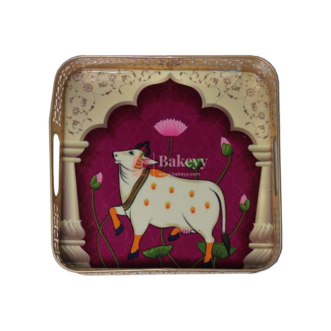 8 inch|Pichwai Tray for Return Gifts |Square Metal Tray Home Decor Items | Decorative Tray for Diwali | (Multicolour) - Bakeyy.com - India - 8 inch|Pichwai Tray for Return Gifts |Square Metal Tray Home Decor Items | Decorative Tray for Diwali | (Multicolour) - Design 2 / Pack Of 1