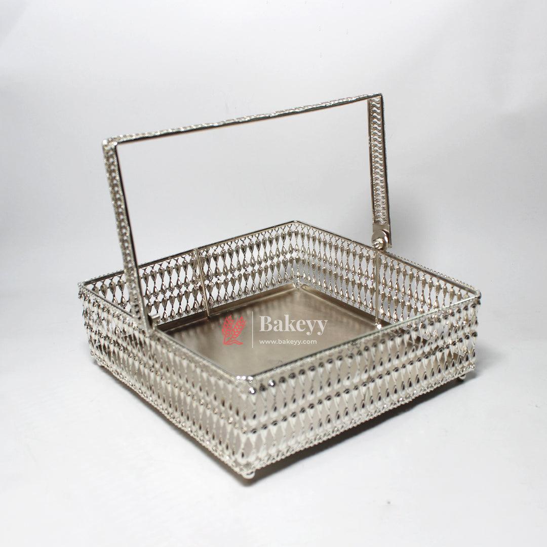 8 Inch Elegant Silver-Plated Square Basket with Handle | Premium Multipurpose Decorative Tray - Bakeyy.com - India - 8 Inch Elegant Silver-Plated Square Basket with Handle | Premium Multipurpose Decorative Tray - Default Title