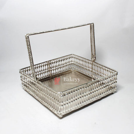 8 Inch Elegant Silver-Plated Square Basket with Handle | Premium Multipurpose Decorative Tray - Bakeyy.com - India - 8 Inch Elegant Silver-Plated Square Basket with Handle | Premium Multipurpose Decorative Tray - Default Title
