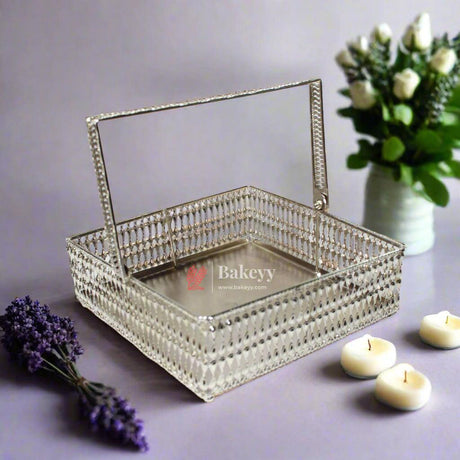 8 Inch Elegant Silver-Plated Square Basket with Handle | Premium Multipurpose Decorative Tray - Bakeyy.com - India - 8 Inch Elegant Silver-Plated Square Basket with Handle | Premium Multipurpose Decorative Tray - Default Title