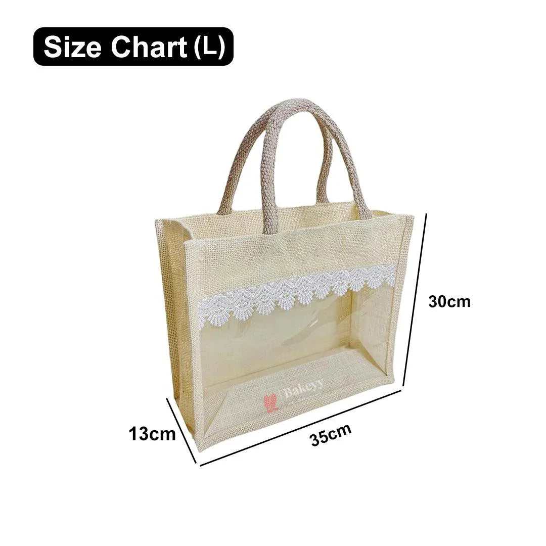 35x30x13cm | Large |Transparent Window Jute Gift Bag with Lace Design – Ideal for Gifting & Display | 1pcc - Bakeyy.com - India - 35x30x13cm | Large |Transparent Window Jute Gift Bag with Lace Design – Ideal for Gifting & Display | 1pcc - Default Title