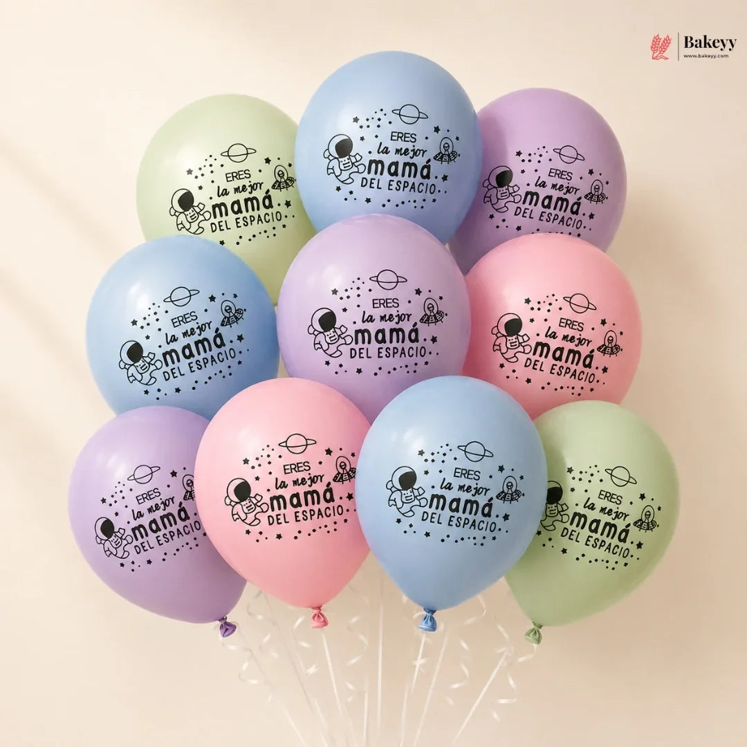 Pastel-colored balloons with text on a beige background