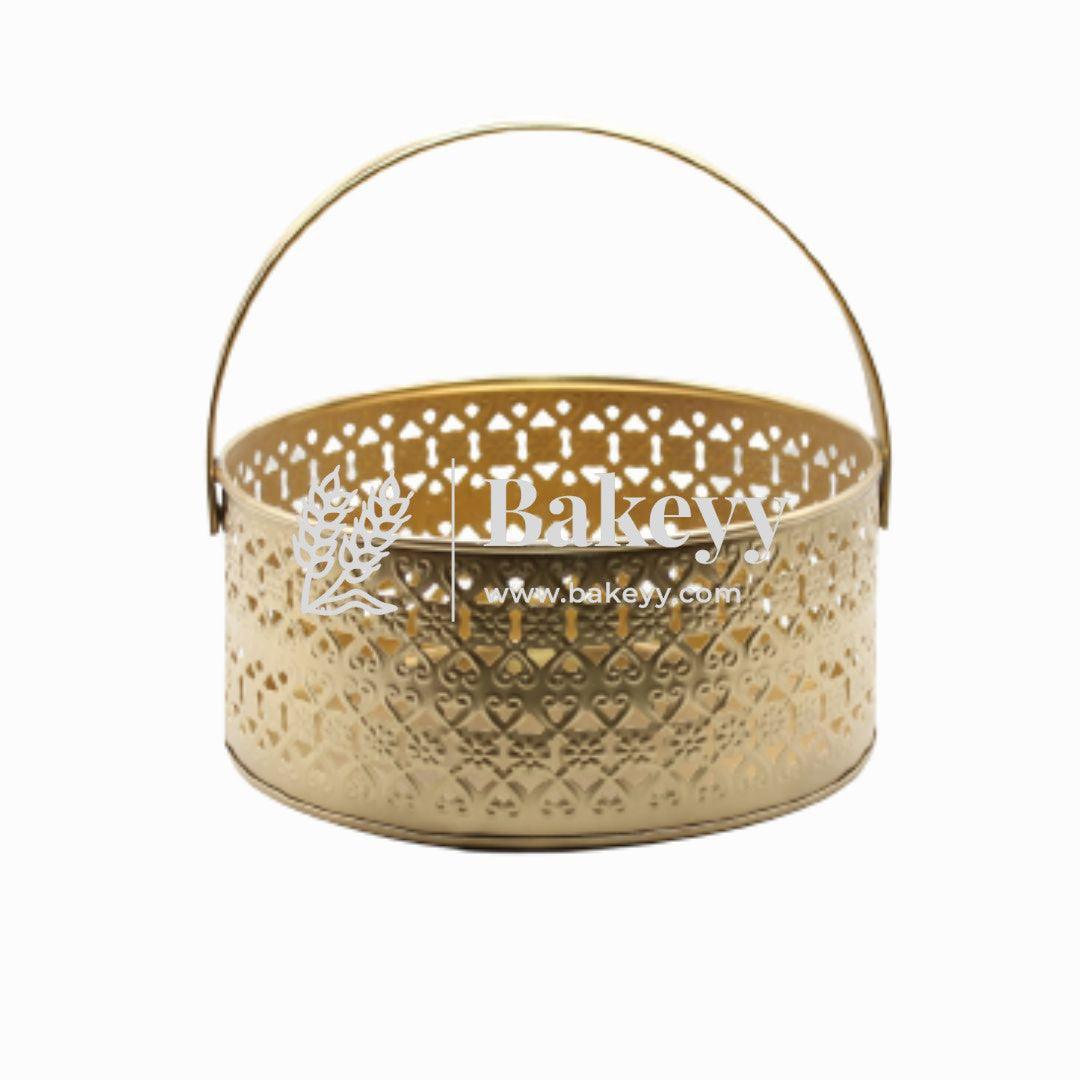 Large Decorative Gold Metal Hamper Basket For Gifting Circle Bakeyy