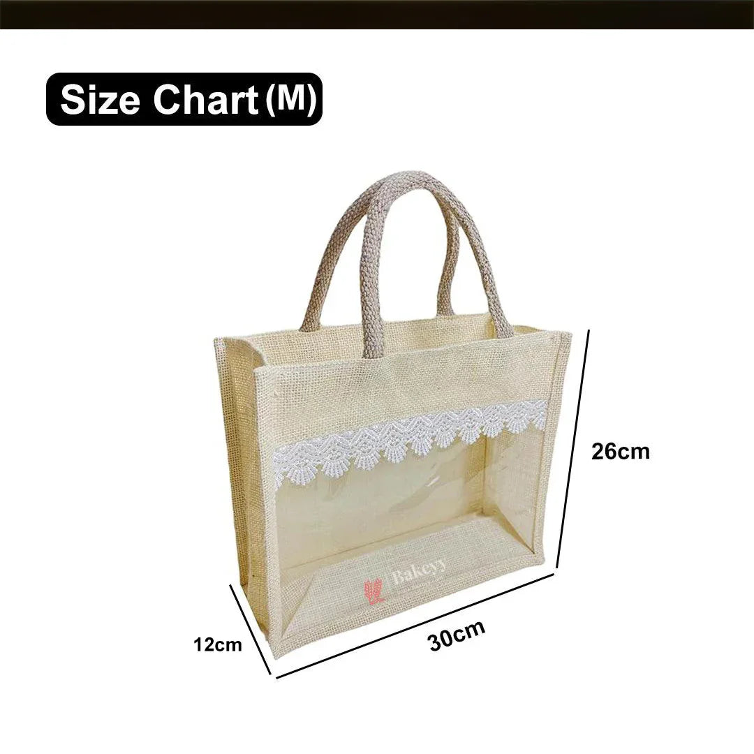 30x26x12cm | Medium |Transparent Window Jute Gift Bag with Lace Design – Ideal for Gifting & Display | 1pc - Bakeyy.com - India - 30x26x12cm | Medium |Transparent Window Jute Gift Bag with Lace Design – Ideal for Gifting & Display | 1pc - Default Title