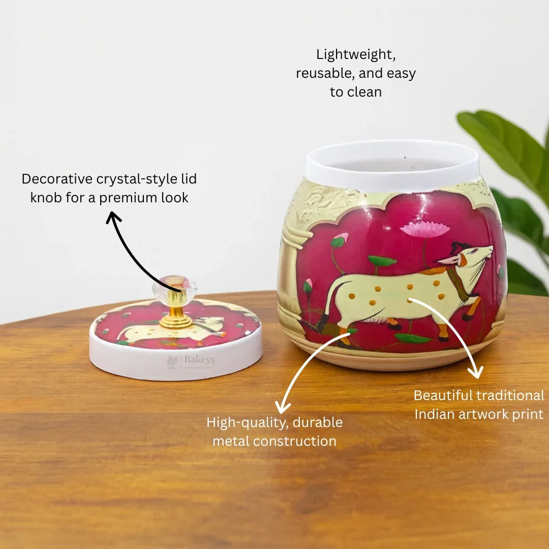 Premium Metal Storage Jar | Cow & Lotus Design | Metal Storage Jar with Decorative Knob Lid